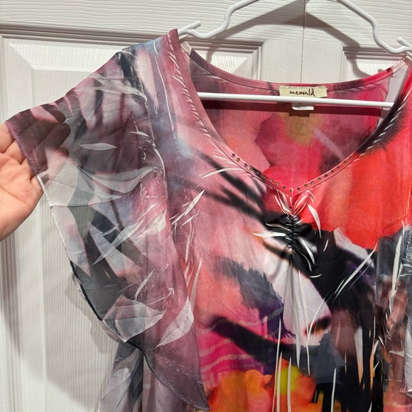 ONE WORLD Women’s Multicolor Floral Mesh Sequin Blouse Top Shirt - size S - Picture 3 of 6